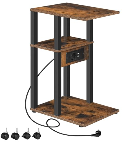 HOOBRO Beistelltisch mit Ladestation, C-Form Sofatisch, Couchtisch für kleine Räume, Schmaler Nachttisch, für Wohnzimmer, Schlafzimmer, Büro, Vintagebraun und Schwarz EBF66CSF01