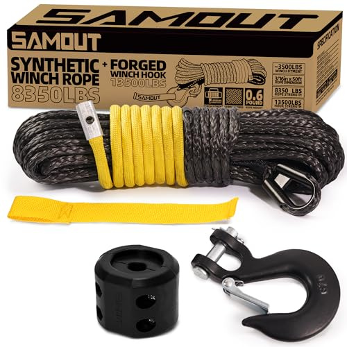 SAMOUT Kit di corda sintetica per verricello, 3/15,6 x 15,2 m, cavo 3787,5 kg + gancio per verricello forgiato da 6,123 kg + tappo in gomma + cinghia di sicurezza, giallo