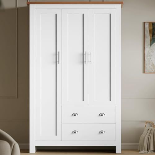 Blisswood 3 Door 2 Drawer Wardrobe For Bedroom MDF With Shelf Hanging Rail Cloth Storage Wooden Wardrobe With Drawer Large Cupboard Bedroom Furniture, White & Oak