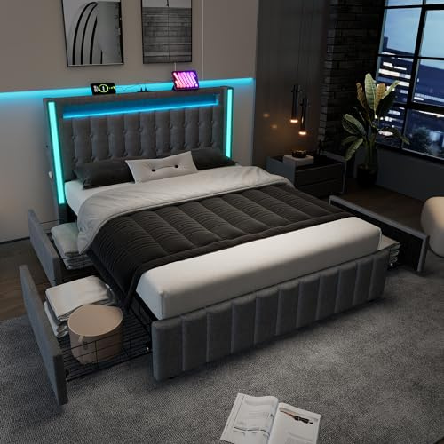Rtopsu Polsterbett Doppelbett 140x200 mit USB-Typ-C-Ladefunktion und LED-Beleuchtung Kopfteil, Bett mit 4 Schubladen, Bettgestell mit Metallrahmen und Lattenrost aus Holz, Leinen, Grau, Ohne Matratze