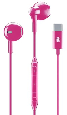 Music Sound - Auriculares Cápsula - Auriculares con Cable y micrófono - Compatibilidad USB-C - Detalles metálicos - Color Rosa