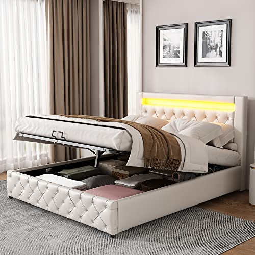 Ymkua Polsterbett Doppelbett 140x200 cm, Bett mit Stauraum, Jugendbett Stauraumbett mit LED-Leuchten Kopfteil, Bettrahmen mit Lattenrost, Hydraulisch Bett mit Bettkasten, PU, Weiß, Ohne Matratze