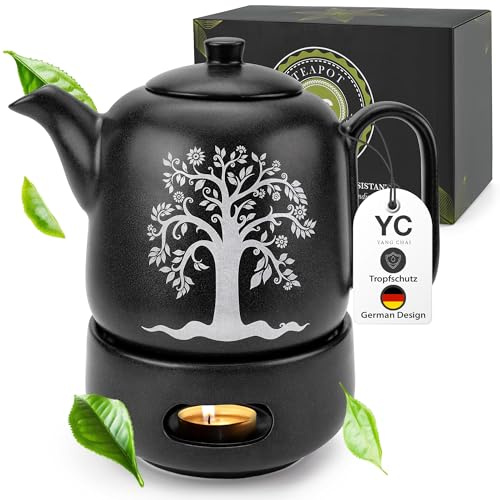 YC Yang Chai Teekanne mit Stövchen Set - Keramik Schwarz Matt 1.3L - Teekanne mit Siebeinsatz - Tropffrei & Hitzebeständig - Handgefertigte Keramik Tee Kanne - langanhaltende Wärme - YC TREE
