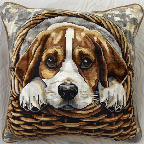 RKFLGEW DIY knüpfen set erwachsene Beagle Tier knüpfkissen set Cartoon-Hund DIY-Kissenbezug，Häkelgarn，Nadel，Basteln，handgefertigtes Kissen für Zuhause，Sofa-Dekoration 43x43cm