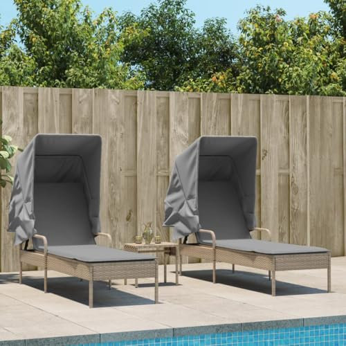 LAPOOH Sonnenliegen 2 STK. mit Dach und Tisch Beige Poly Rattan, Gartenliege, Liegestuhl, Sonnenstuhl, Sonneninsel Outdoor, Liegen, Gartenmöbel, Bäderliege, Relaxliege - 3261572