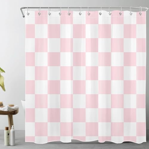PUOJIEAT Duschvorhang 180x180 Rosa Kariert, 3D Shower Curtains Rosa Kariert Duschvorhänge Anti Schimmel Wasserdicht, Badewanne Vorhang Waschbare Badezimmer Vorhänge mit 12 Haken qq6667