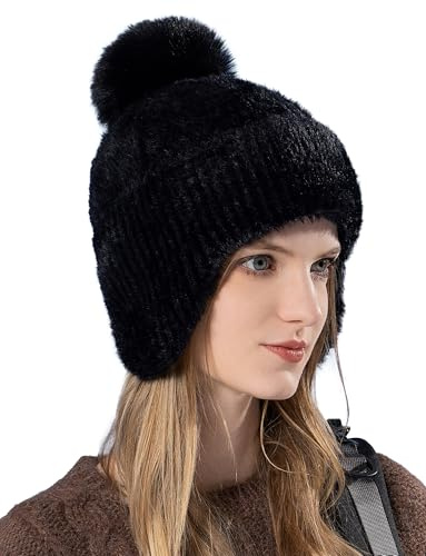 FEOYA Damen Dicke Thermal Fleece Mütze Weiche Warme Wintermütze mit Fleecefutter Winddichte Skimütze 2 in 1 Strickmütze Imitation Kaninchenfell Outdoor