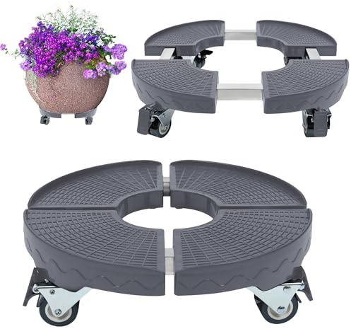 XMTECH Pflanzenroller Einstellbare Ø 39-52cm, Pflanzen Blumentopfständer mit Rädern, Blumenuntersetzer Rollbar bis zu 300KG, Pflanzen Rollbrett für Außenbereich Innenbereich (Grau)