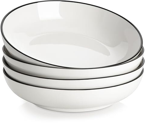 MALACASA Large Pasta Bowls Set of 4 with Black Rim, Pasta Bowl, Pasta Bowls Set, Ceramic Bowls Sets, Microwave and Dishwasher Safe, 4 Piece, 42OZ/1250 ML, 8.85 Inch, Series Regular