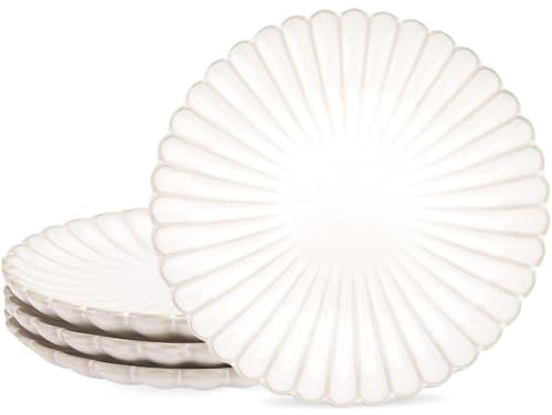 AmiCera 4 Pack Plate Set, 8.5 Inch Side Plates Small Dinner Plate, 20.5cm Daisy Shape Stylish White Dinner Set for Small Meals, Kids Ceramic Plates for Desserts, Dishwasher & Microwave Safe