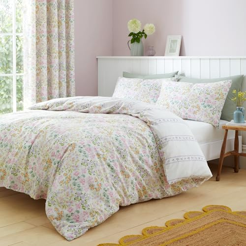 Dreams & Drapes Ditzy Floral Duvet Cover – Lilac – Double Size (200 x 200cm) – Premium PolyCotton – 2 Pillowcases – Reversible with Stripe Design – Soft Touch Bedding, Green