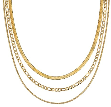 3 st rostfritt stål halsband för damer i guld - Vattentätt halsbandsset i 18K guldpläterat | Guldfärgat lager-på-lager-halsband - Ormhalsband (2mm, 4mm), Figarohalsband (4mm)
