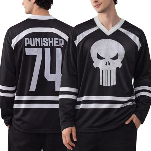 Marvel Mens Long Sleeve Mesh Hockey Jersey Spider-Man Punisher Mickey Mouse, Black Punisher, XL