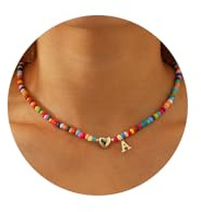 Miss Chipmunk Bunte Perlenkette für Frauen Mädchen Alphabet Choker Bohemian Halskette Gold plattiert Anhänger mit herzförmigen Metall Y2K Boho Sommer Halskette Schmuck Geschenk(A)