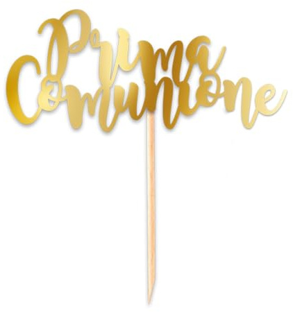 Pick Cake topper scritta PRIMA COMUNIONE in carta cartoncino - Colore ORO Lucido - ideale per decoro decorazioni torte e dolci - per festa di comunione - 9x4cm