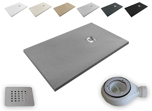 Plato de Ducha Resina Aligerado Extraplano Aligeres® -Todas las medidas disponibles -Antideslizante Textura Pizarra - Incluye Válvula desagüe+Rejilla (GRIS RAL 7037, 70x160)
