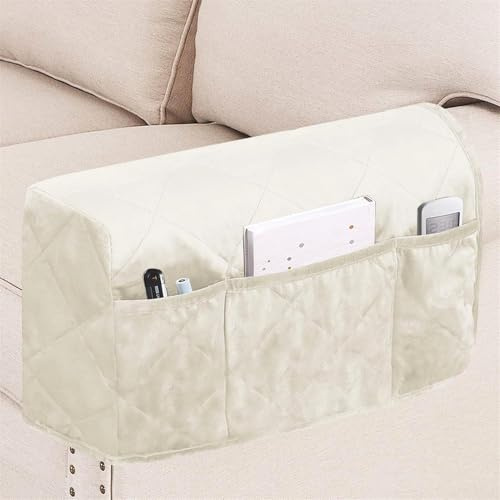 BXFUL Samt Armlehnenbezüge 2er Set mit Seitentaschen rutschfeste Sofaschoner für Hunde, Universell für Sofas, Sessel Liegesessel, Maschinenwaschbar (Elfenbeinweiß)