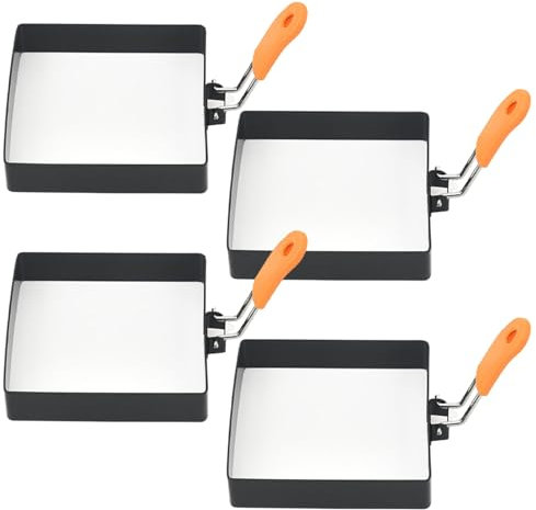 Moldes de huevo 4pcs 4 pulgadas de acero inoxidable de 4 pulgadas Moldes de huevo cuadrado de antiadherente fabricante de de panqueques de tortilla con mango de silicona.