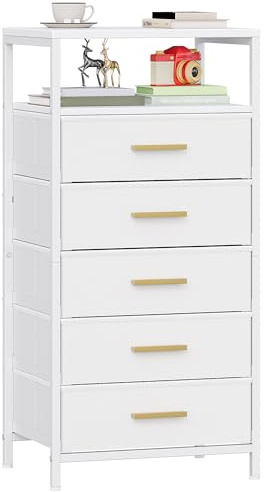 Hzuaneri Nachttisch, Beistelltisch mit 5 Stoff-Schubladen und Regalen, Offenes Fach, Couchtisch, Nachtschrank Schlafzimmer, für Wohnzimmer, Schlafzimmer, Weiß NS50713W