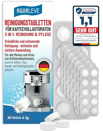 AGUALEVE® Reinigungstabletten 80 Stück (2 in 1: Reinigung + Pflege) | für alle Marken & Arten von Kaffeevollautomaten & Kaffeemaschinen, u.a. De’Longhi, Philips, Siemens, Saeco, Melitta, Miele