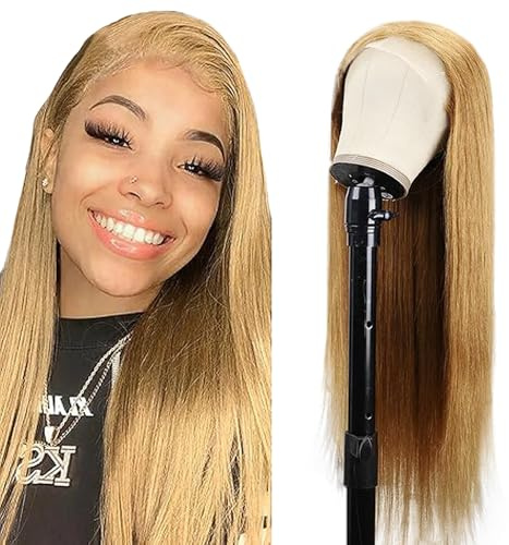 Creuost Echthaar Perücke Straight 4x4 Swiss Spitze Lace Frontal Human Hair Wig haarspangen damen Unprocessed Brazilian Virgin Hair Pre Plucked With Natural Hairline #27 Honey Blonde 22 Zoll