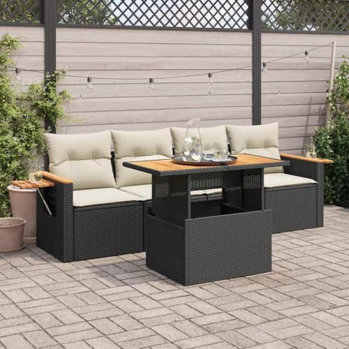 BOWEKAM Möbel, Outdoor-Möbel, Gartenmöbel-Sets, 5-teiliges Gartensofa-Set mit Kissen, schwarzes Polyrattan-Akazie
