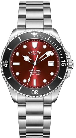 Rotary Seamatic Herren-Armbanduhr, 300 m wasserdicht, burgunderrotes Zifferblatt, Edelstahl-Armband