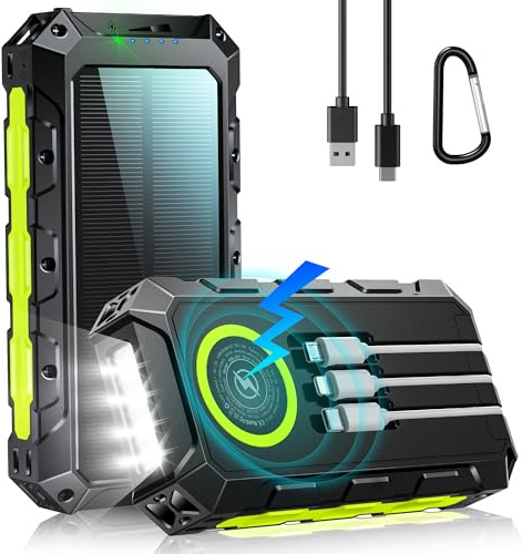 52800mAh Power Bank: Solar Charger, 30W PD Fast Charging, Wireless Charger, Battery Pack with 3 Built-in Cables, 7 Outputs, Flashlights, Portable Charger for Smartphone, Tablet (Green)