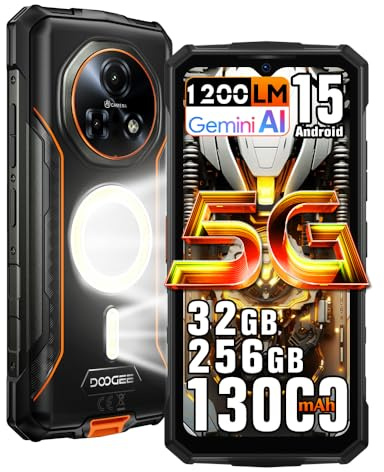 DOOGEE Fire 7 Pro 5G Rugged Smartphone,1200LM Luce Campeggio,Intercom via App,32GB+256GB/2TB,13000mAh 33W Android 15 Telefono Indistruttibile,6.6''HD+90Hz,64 MP AI Fotocamera,NFC/3 Slot (Arancione)