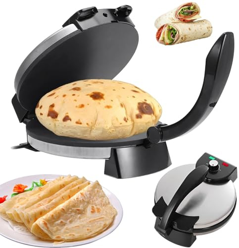 Electric Roti Maker, 2000W Multipurpose Torti Press, 12 Inch Automatic Chapati Tortilla Machine with Double-sided Heating, Non-Stick Plates for Pancakes and Crepes