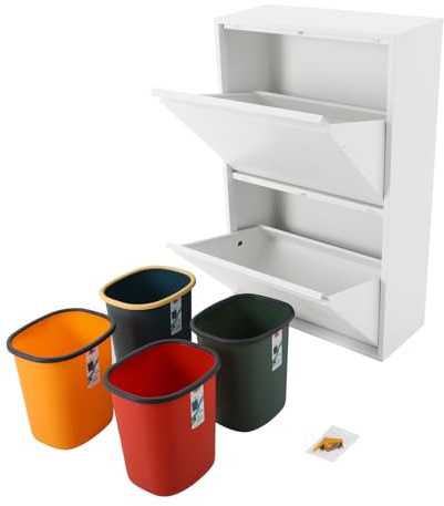 Steeviuzj Pattumiera da cucina, sistema di raccolta differenziata a 4 scomparti con 4 contenitori da 15 l, armadietto per la raccolta dei rifiuti, montaggio a parete, design moderno (bianco)