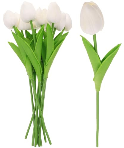 TOBBOMEY 10 Pezzi Fiori Artificiali Tulipani in PU Bianchi Ramo Decorativo Realistico per Bouquet da Sposa e Centrotavola Decorazioni Floreali Finte per Casa e Festa