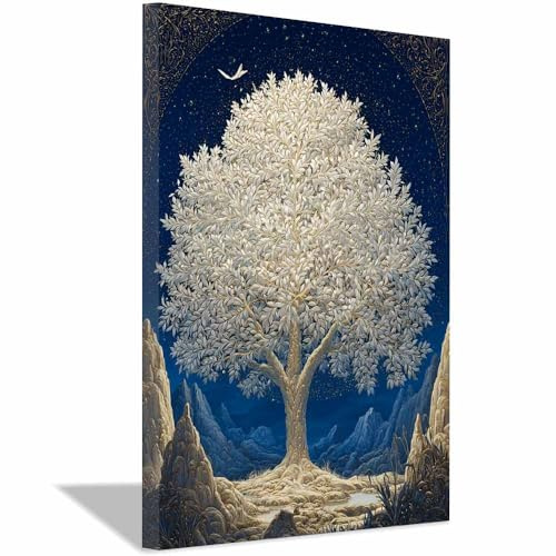 HOQIU quadro albero della vita Albero della Notte d'Argento stampe su tela, quadri grandi dimensioni, Adatto per soggiorno, camera da letto, cucina(Multicolore)-60x80cm Incorniciato