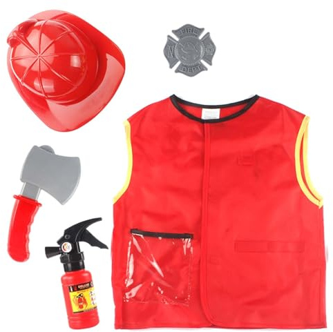 Generisch Disfraz de bombero para niños, chaleco y gorro con hacha de bombero e insignia, disfraz de bombero auténtico, incluye juguete extintor para juego realista