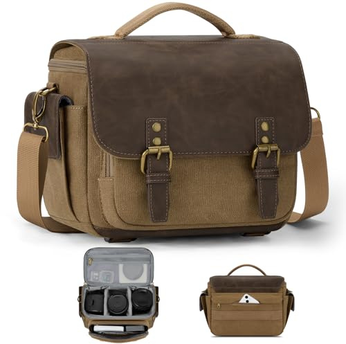 RAINSMORE Kameraväska, liten kameraväska för DSLR/SLR/spegelfri, vintage duk kamera slingväska för fotografer med vattentätt regnskydd & stativfäste, Khaki, Väskorganiserare