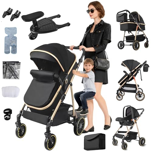 Veitoalioy Kinderwagen 3 in 1, Twin-Stil Babywagen mit Hilfsmittel, Bequemer Multifunktionaler Kombikinderwagen 3 in 1 Komplettset, Faltbarer Kinderwagen Set (FV8 BlackGold)