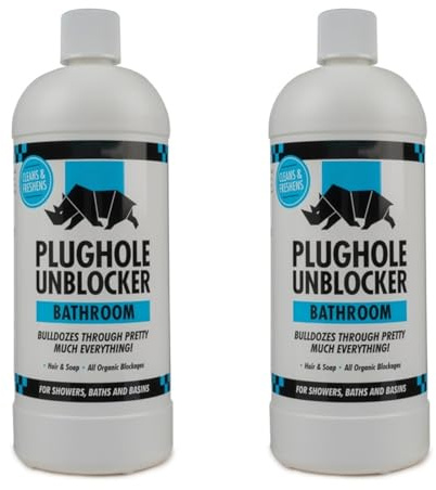 KilrockPRO Rhino Bathroom Drain Unblocker 1L Heavy-Duty Plug Hole Cleaner for Showers, Baths & Sinks Dissolves Hair, Sludge, Soap Scum Fast Acting, Non-Acidic Drain Cleaning Formula (Pack of 2)