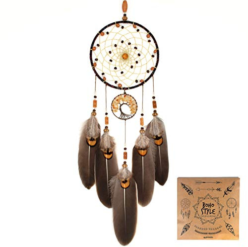 Urdeoms Brown Dream Catchers Tree of Life Boho Dreamcatcher for Bedroom Adult with Feathers and Citrine Crystal Wall Hanging Decor for Home Festival Blessing Gifts 18 Length (NO.11)