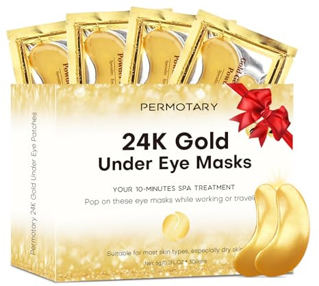 Permotary 30 Pairs Crystal Collagen Under Eye Mask, Gold Gel Collagen Eye Pad For Moisturizing, Reducing Dark Circles & Puffy Eyes (Gold)