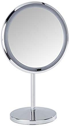 WENKO LED Kosmetik-Standspiegel Onno - beleuchteter Kosmetikspiegel, Spiegelfläche ø 16.5 cm, Stahl, 20 x 34 x 13.5 cm, Chrom, Silber Glänzend, 34 x 13.5 x 20 cm