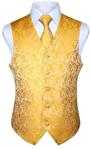 Hisdern Herrväst Paisley blommig jacquard slips ficka fyrkantig näsduk väst kostymset, Djupt gul, XXL