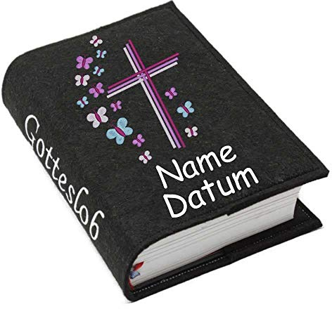 Gotteslob Gotteslobhülle Hülle Kreuz Schmetterlinge lila pink Filz Namen bestickt Einband Umschlag personalisierte Gesangbuchhülle, Farbe:schwarz