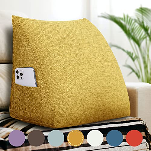 VERCART Lesekissen, Nackenrolle, Rückenstütze, dreieckiges Kissen mit Ecken, großes Sofakissen, Kopfkissen, Rückenlehne, Rückenkissen aus Leinen, Gelb, 45 cm