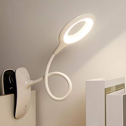 HMAKGG 5W Reading Light Clip On Bed, USB Rechargeable Clip On Bedside Light with 3 Colour & Touch Dimmable-10 Brightness, 2000 mAh Battery & Flexible Neck, Study/Kids Bedroom, White