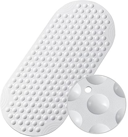 WELTRXE Bathtub Mat Bathroom 88x40cm Long Oval Vinyl Shower Mats Anti-Slip Anti-Mould Bath Tub Mat with 205 Suction Cups Soft Durable Safety for Elder Children Pets, Solid White