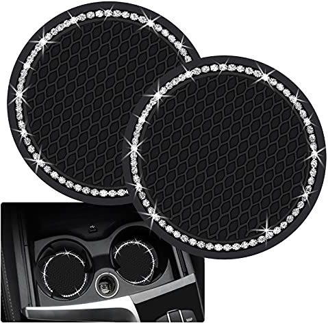 2PCS Bling Car Cup Coaster, 2.75 Inch Auto Cup Holder Insert Coasters Silicone Anti-Slip Crystal Rhinestone Drink Mat, Universal Vehicle Interior Accessories for Women Girls (Black)