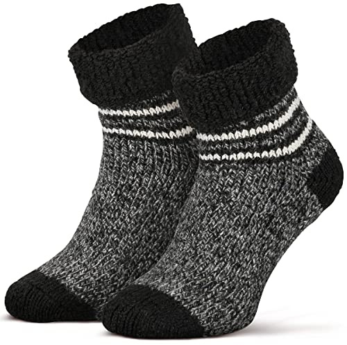 Piarini ABS stoppstrumpor – 1 par – ullstrumpor – vinterstrumpor – norska strumpor med innerfrotté – kvinnor män, svartmelerad randig, 39-42 EU