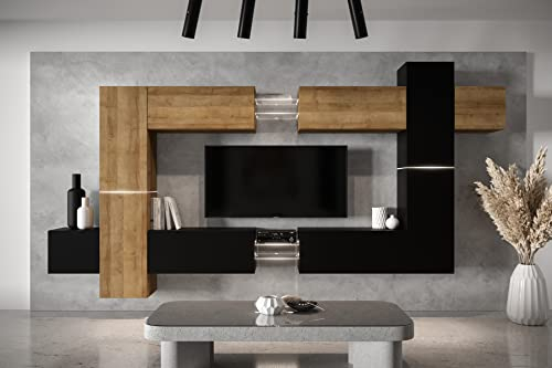 Furnitech Wohnwand Wohnzimmer - Wohnzimmer Möbel mit LED Weiß - Hängend Wohnwand Modern - Wohnzimmer Schrankwand mit Regale und TV Schrank (AN91NEW-21DZB-M13)
