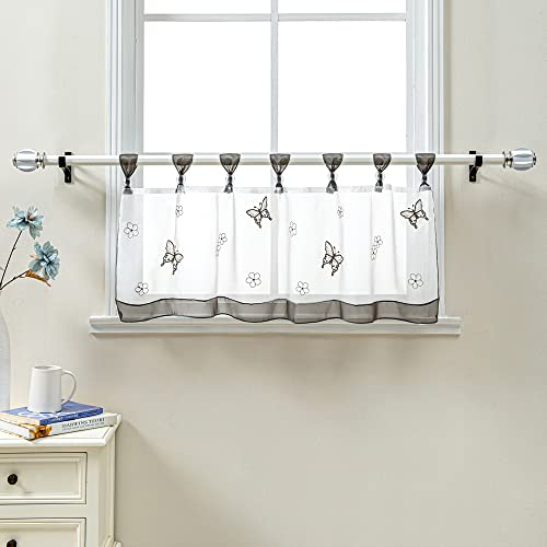 Delien Net Curtain, Voile Bistro Curtains with Loops, Kitchen Short Curtain, Embroidery Butterfly Transparent Rod Curtain, Short Curtain, W x H 120 x 45 cm, Grey