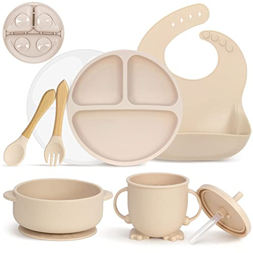 MOJINL Silikon Baby Geschirrset, Rutschfest Kindergeschirr Set mit Saugnapf, 7 Stück BPA Frei Esslernbesteck Sets mit Löffel Gabel Schüssel Lätzchen Becher Trinklernbecher und Teller mit Deckel
